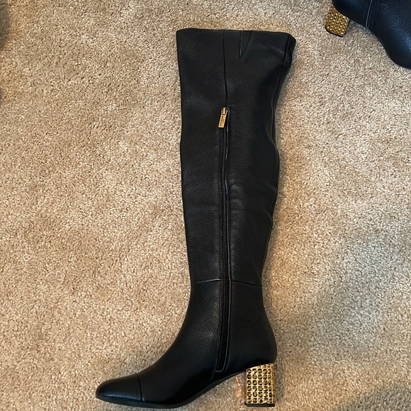Kurt Geiger Mayfair black leather over the knee heel boots rhinestone gold shoe - Picture 5 of 12